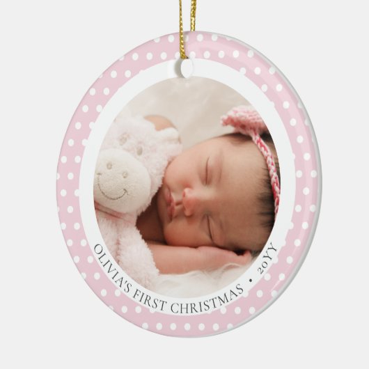 可愛いピンク写真宗教ベビーの第1クリスマス セラミックオーナメント (左)