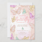 可愛いピンク小さな蝶シック1st誕生日 招待状 (正面)