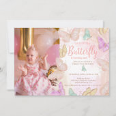 可愛いピンク小さな蝶シック1st誕生日 招待状 (正面)