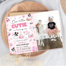 可愛いピンク幽霊ハロウィーン1stバースデーフォト 招待状