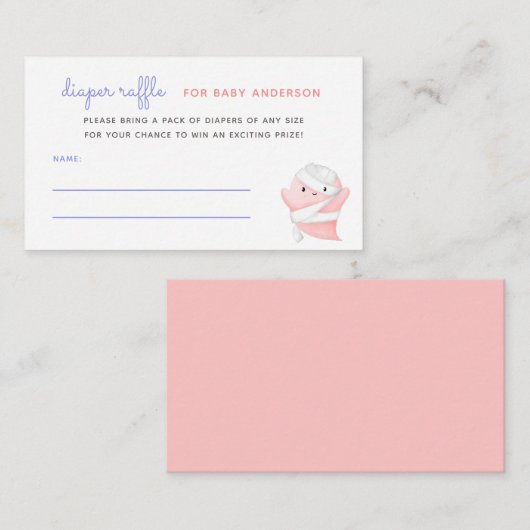 可愛いピンク幽霊ミイムミエベビーシャワーおむつラッフル エンクロージャーカード (正面/裏面)