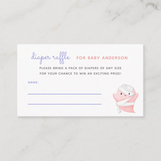 可愛いピンク幽霊ミイムミエベビーシャワーおむつラッフル エンクロージャーカード (正面)