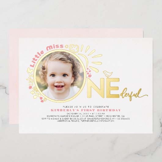 可愛いピンク恋しく思リトルOnederful 1stバースデーフォト 箔招待状 (正面/裏面)
