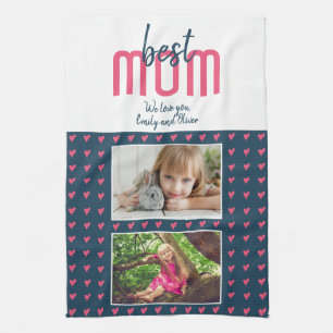 可愛いピンク最高ののハートお母さん2 Photo Mother's Day キッチンタオル