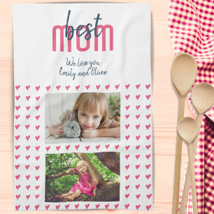 可愛いピンク最高ののハートお母さん2 Photo Mother's Day キッチンタオル