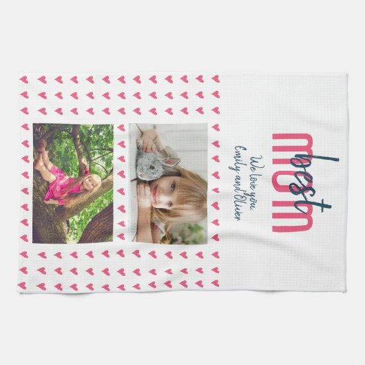 可愛いピンク最高ののハートお母さん2 Photo Mother's Day キッチンタオル (横)