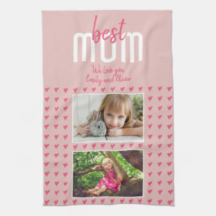可愛いピンク最高ののハートお母さん2 Photo Mother's Day キッチンタオル