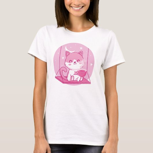 可愛いピンク猫コーヒー子猫スイングカフェイン飲料 Tシャツ (正面)