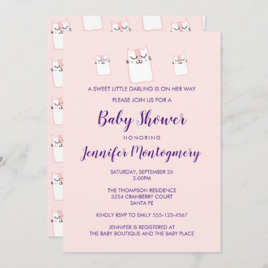 可愛いピンク眠る猫ねこ赤ちゃんシャワーパーティー 招待状 (正面/裏面)