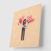 可愛いピンク色のハートバルーン スクエア壁時計 (傾斜)