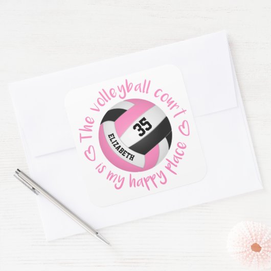可愛いピンク色のブラックバレーボールコート私の幸せな場所 スクエアシール (封筒)