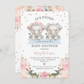 可愛いピンク色のブルーフローラツイン象ベビーシャワー 招待状 (正面/裏面)