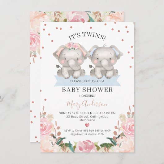 可愛いピンク色のブルーフローラツイン象ベビーシャワー 招待状 (正面/裏面)