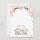 可愛いピンク色のブルーフローラツイン象ベビーシャワー 招待状 (裏面)