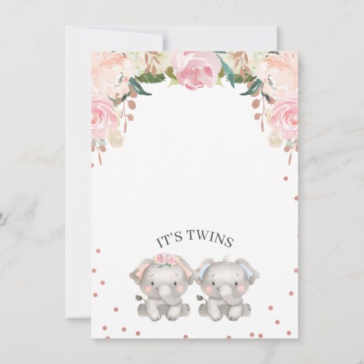 可愛いピンク色のブルーフローラツイン象ベビーシャワー 招待状 (裏面)