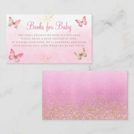 可愛いピンク蝶の赤ちゃんシャワー本のための赤ちゃん エンクロージャーカード (正面/裏面)