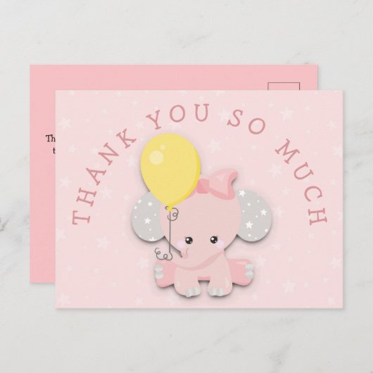 可愛いピンク象のアドレスメッセージありがとう ポストカード (正面/裏面)