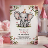 可愛いピンク象の子供たち6th誕生日パーティー 招待状
