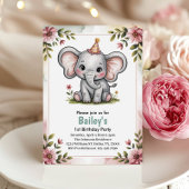 可愛いピンク象の誕生日パーティー 招待状
