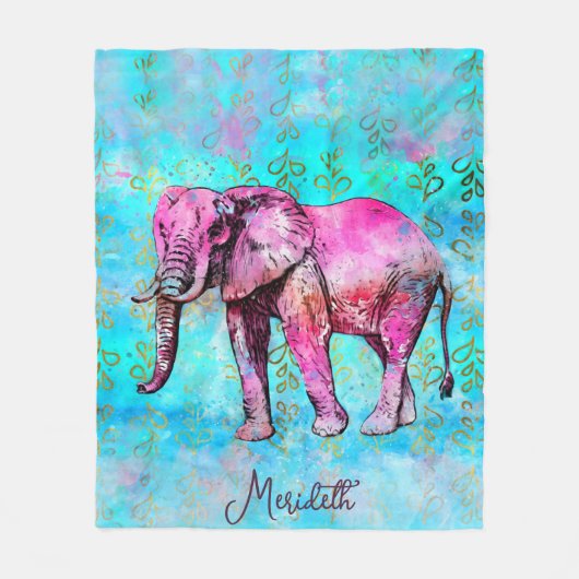 可愛いピンク象ブルーパーソナライズされたウォーター フリースブランケット (正面)