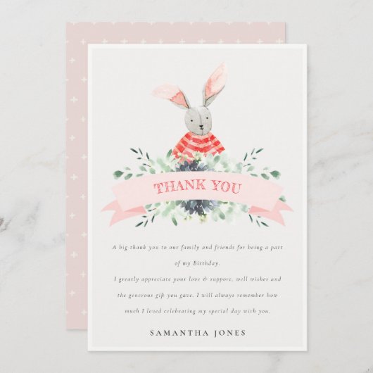 可愛いピンク赤いバニーの葉の任意の年齢誕生日 サンキューカード (正面/裏面)