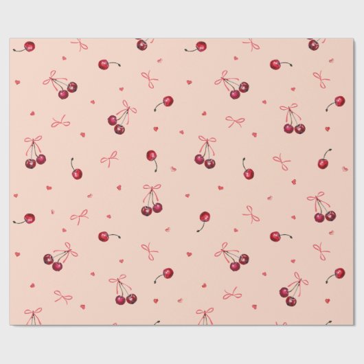 可愛いピンク赤さくらんぼハート弓ソフトオレンジ ラッピングペーパー (フラット)