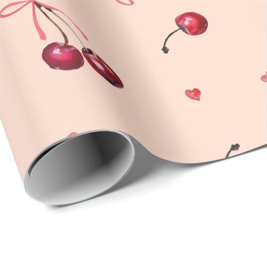 可愛いピンク赤さくらんぼハート弓ソフトオレンジ ラッピングペーパー (ロールコーナー)