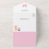 可愛いピンク飛行機ガールテディベア赤ちゃんシャワー オールインワン招待状 (外側)