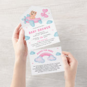 可愛いピンク飛行機ガールテディベア赤ちゃんシャワー オールインワン招待状 (貼ってはがせる)