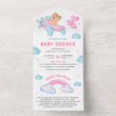 可愛いピンク飛行機ガールテディベア赤ちゃんシャワー オールインワン招待状 (内側)