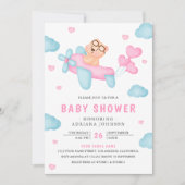 可愛いピンク飛行機ガールテディベア赤ちゃんシャワー 招待状 (正面)