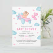 可愛いピンク飛行機ガールテディベア赤ちゃんシャワー 招待状 (スタンド正面)