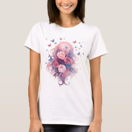 可愛いピンク髪の花と蝶のアニメ少女 Tシャツ