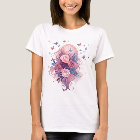 可愛いピンク髪の花と蝶のアニメ少女 Tシャツ (正面)