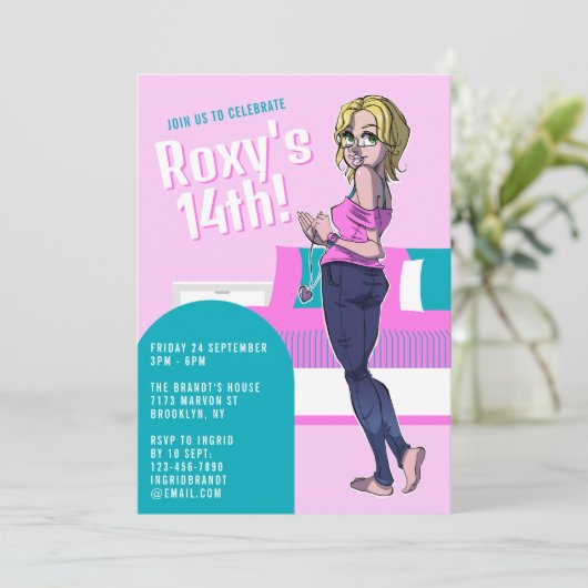 可愛いピンク10代のガール14誕生日 招待状 (スタンド正面)