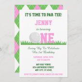 可愛いピンク&グリーンのゴルフパルティー1歳の誕生日 招待状 (正面/裏面)