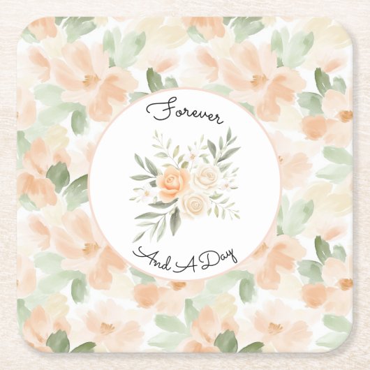 可愛いピーチフラワーズ ウェディング スクエアペーパーコースター (正面)