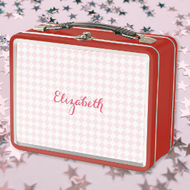 可愛いピ市松模様にックモノグラムの女子キッズスクール メタルランチボックス