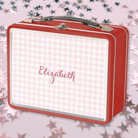可愛いピ市松模様にックモノグラムの女子キッズスクール メタルランチボックス