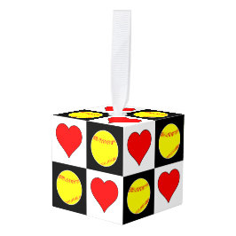 可愛いファストピッチソフトボール&ハートパタ市松模様にーン キューブオーナメント