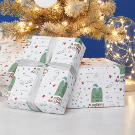 可愛いファンタジーな赤と緑のクリスマスパターン ラッピングペーパー