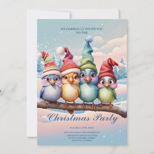 可愛いファンタジーの鳥のクリスマス帽子と。鳥はa 招待状 (正面)