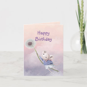 可愛いファンタジー誕生日マウスタンデリオン飛んでいる カード