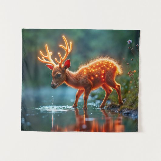可愛いファンタジー鹿が光る野生動物を照らす タペストリー (正面(横))