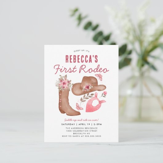 可愛いファーストロデオカントリーピンク女性のカーボーイ1st誕生日 ポストカード (スタンド正面)