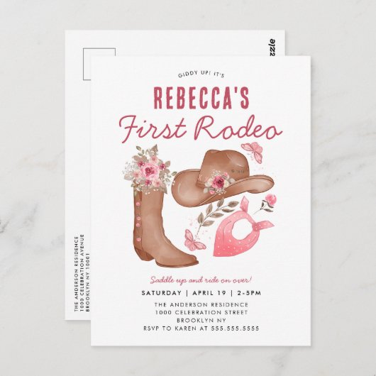 可愛いファーストロデオカントリーピンク女性のカーボーイ1st誕生日 ポストカード (正面/裏面)