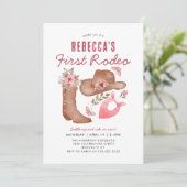 可愛いファーストロデオカントリーピンク女性のカーボーイ1st誕生日 招待状 (スタンド正面)