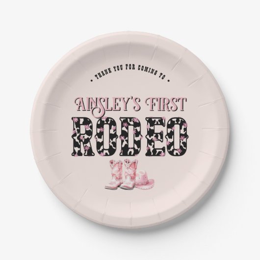 可愛いファーストロデオピンクパーソナライズされたク1歳の誕生日 ペーパープレート (正面)