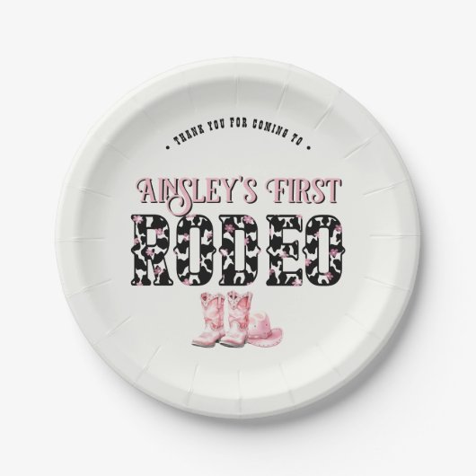 可愛いファーストロデオピンクパーソナライズされたク1歳の誕生日 ペーパープレート (正面)