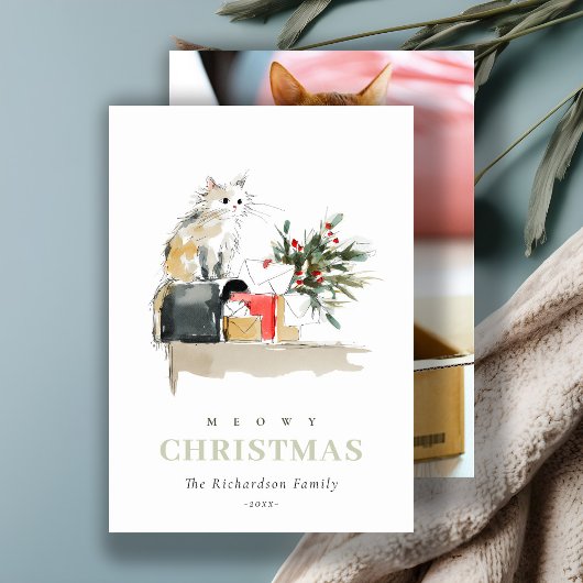 可愛いフォトウォーターカラーミョイのクリスマスプレゼント猫 シーズンカード